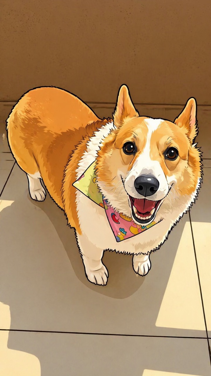Smiling corgi in a bright cartoon portrait style